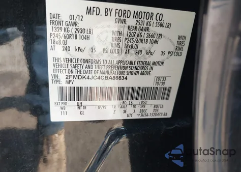 2012 Ford Edge Sel z USA, uszkodzony, nr VIN 2FMDK4JC4CBA86634